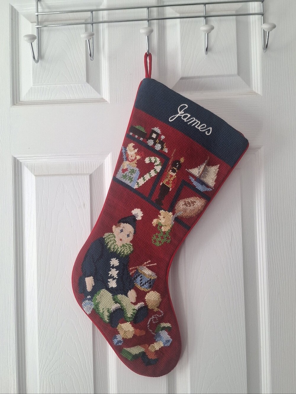 SFERRA Needlepoint Christmas Stocking Pixie Boy Toys I 9.5" x 22" Wool James